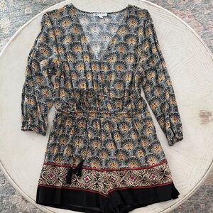 DR2 Long Sleeve Shorts Jumpsuit Romper with Colorful Boho Scallop Motif - Large